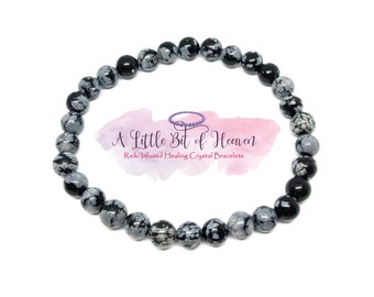 Snowflake Obsidian Reiki Infused Crystal Stretch Bracelet | 6mm Beads | Arthritis | Joint Pain