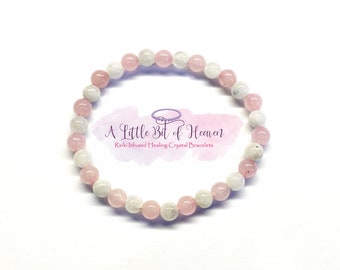 Moonstone & Rose Quartz Reiki Infused Crystal Stretch Bracelet | 6mm Beads | New Beginnings | Good Fortune | Happiness | Motherhood