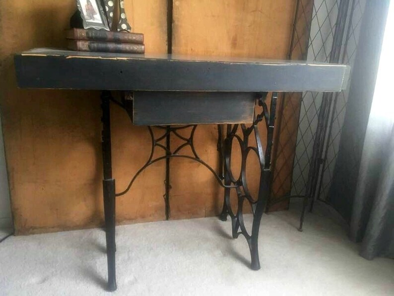 Upcycled Desk Entryway Table Vintage Sewing Machine Legs Wood Cash Register Drawer W Bell Unique