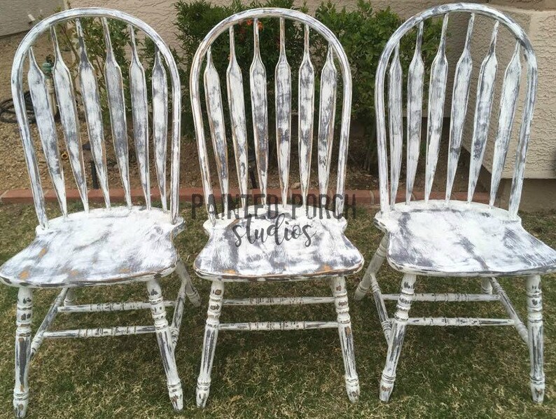 Farmhouse Kitchen Chairs Grey White Distressed Shabby Rustic Arrowback Dining Wood
