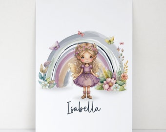 Personalised Beautiful Fairy Rainbow Print - Personalised Print - Kids Bedroom Decor - Childs Room