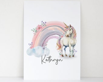 Personalised Unicorn Print - Personalised Rainbow Unicorn Print - Kids Bedroom Decor - Childs Room