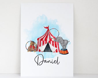 Personalised Circus Print - Circus Themed Bedroom Nursery - Letterbox Gift - Monkey Elephant Circus Tent