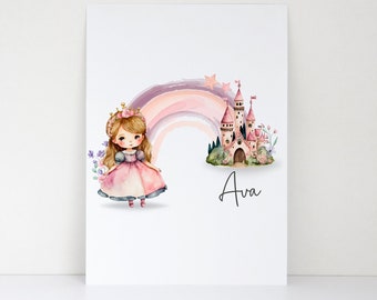 Personalised Princess Print - Personalised Rainbow Princess Castle Print - Kids Bedroom Decor - Childs Room