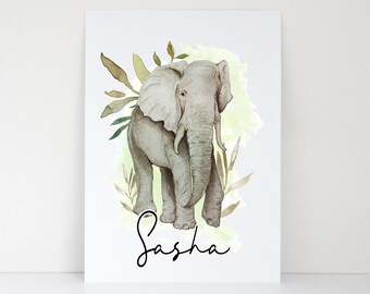 Personalised Elephant Print - Personalised Botanical Elephant Print - Kids Bedroom Decor - Childs Room