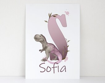 Personalised Dinosaur Initial Print - Green or Lilac Theme Print - Kids Bedroom Decor - Child's Room - Wall Hanging