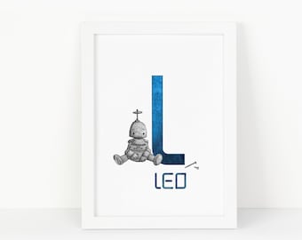 Personalised Robot Print - Initial Print - Grey and Blue Colour Theme Print - Kids Bedroom Decor - Child's Room - Wall Hanging