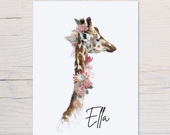 Personalised Giraffe Print - Personalised Floral Fine Art Giraffe Print - Giraffe Lover Decor - Kids Bedroom Decor - Childs Room