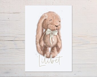 Personalised Nursery Print - Personalised Bunny Rabbit Teddy Bear Print - Pink, Blue Or Cream