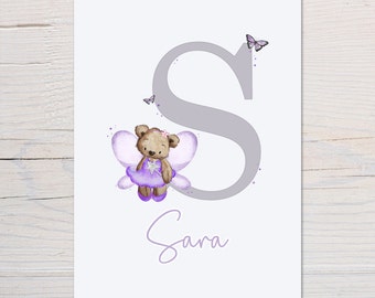 Personalised Teddy Bear Purple Fairy Print - Personalised Initial Print - Purple Theme Print - Girls Bedroom Décor