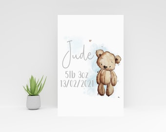 Personalised Teddy Bear Birth Stats Nursery Name Print - Teddy Blue Brown or Pink Theme - Kids Bedroom Decor - Child's Room - Wall Hanging