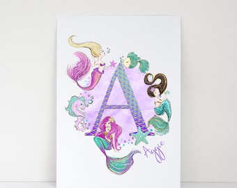 Personalised Mermaid Print - Personalised Initial Print - Under The Sea Girl's Print - Purple Theme Print - Kids Bedroom Decor - Childs Room