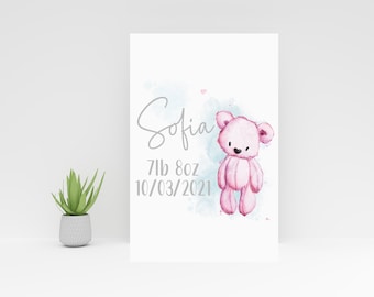 Personalised Teddy Bear Birth Stats Nursery Name Print - Teddy Blue Brown or Pink Theme - Kids Bedroom Decor - Child's Room - Wall Hanging