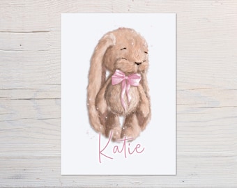 Personalised Nursery Print - Personalised Bunny Rabbit Teddy Bear Print - Pink, Blue Or Cream