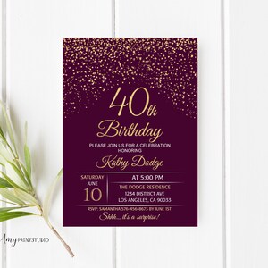 40th Birthday Invitation, Plum Gold Birthday Invitation, Purple and Gold Birthday Invite, PERSONALIZED, Digital file, #W10