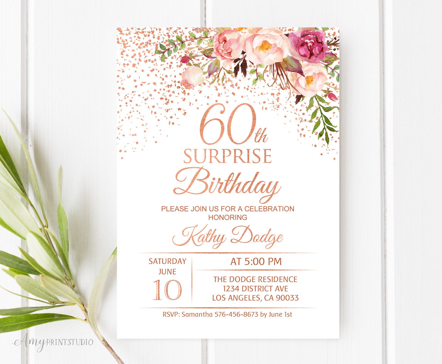 60th Surprise Birthday Invitation Floral Women Birthday | Etsy