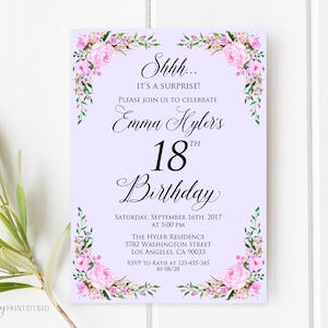 Surprise 18th Birthday Invitation, Lavender Birthday Invitation, Purple Floral Birthday Invite, Any Age, PERSONALIZED, Digital file, #W64