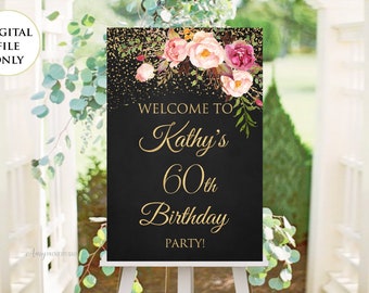 Welcome Birthday Sign, Welcome sign, Chalkboard Birthday Welcome Sign, Floral Welcome Sign, Any Age, PERSONALIZED, Digital file, #W16