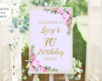 Welcome Birthday Sign, Welcome sign Printable, Purple Birthday Welcome Sign, Floral Welcome Sign, Any Age, PERSONALIZED, Digital file, #W61