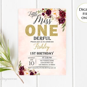 Little Miss Onederful invitation, Miss One-derful, Floral First Birthday Invitation, Blush Pink, PERSONALIZED, Digital file, #K36