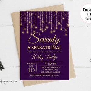 70th Birthday Invitation, Purple Birthday Invite, Purple and Gold, Any age, Seventy and Sensational, PERSONALIZED, Digital file, #W14