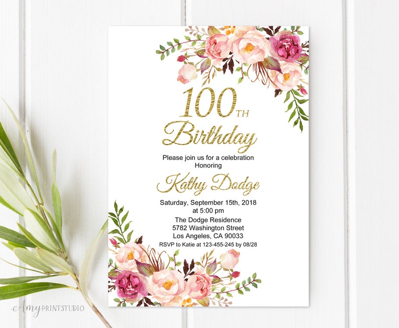 100th-birthday-invitation-floral-women-birthday-invitation-etsy