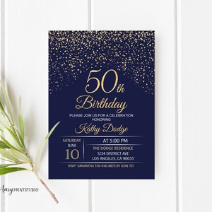 50th Birthday Invitation, Navy Gold Birthday Invitation, Blue and Gold Birthday Invite, PERSONALIZED, Digital file, #W48