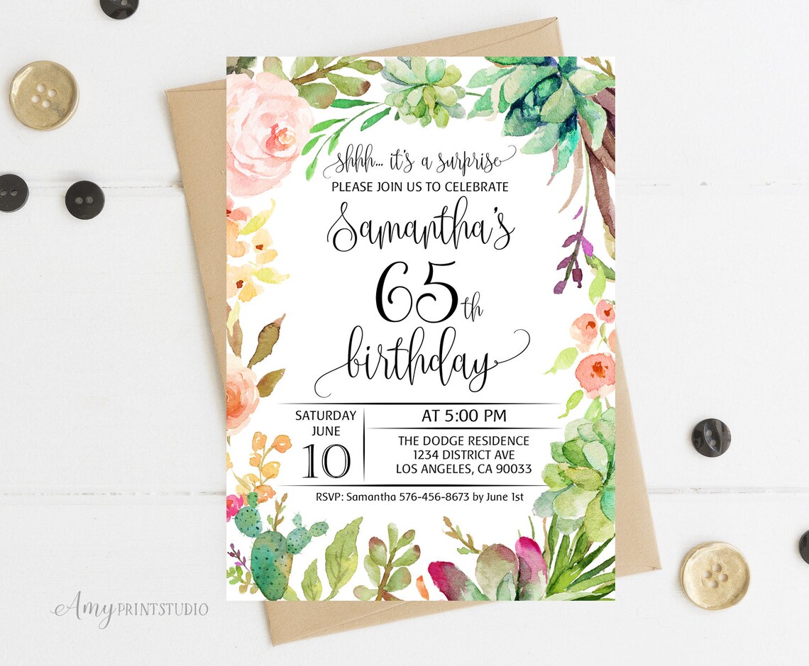 Invitación de 65 cumpleaños, Invitación de cumpleaños suculenta floral ...
