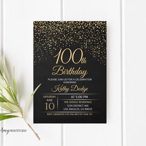 100th Birthday Invitation, Gold Birthday Invitation, Chalkboard Birthday Invite, PERSONALIZED, Digital file, #W15