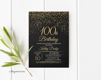 100th Birthday Invitation, Gold Birthday Invitation, Chalkboard Birthday Invite, PERSONALIZED, Digital file, #W15