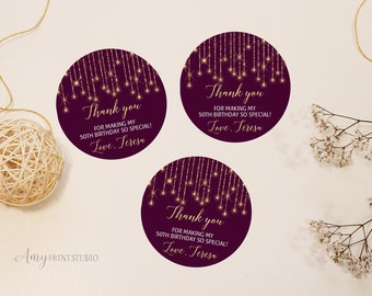Purple Birthday Favor Tags, Purple and Gold Birthday Invite, Plum Gold Birthday, Gold invite, PERSONALIZED, Digital file, #W11