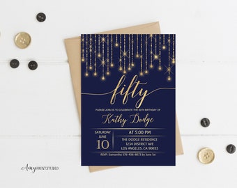 50th Birthday Invitation, Navy Gold Birthday Invitation, Blue and Gold Birthday Invite, PERSONALIZED, Digital file, #W94