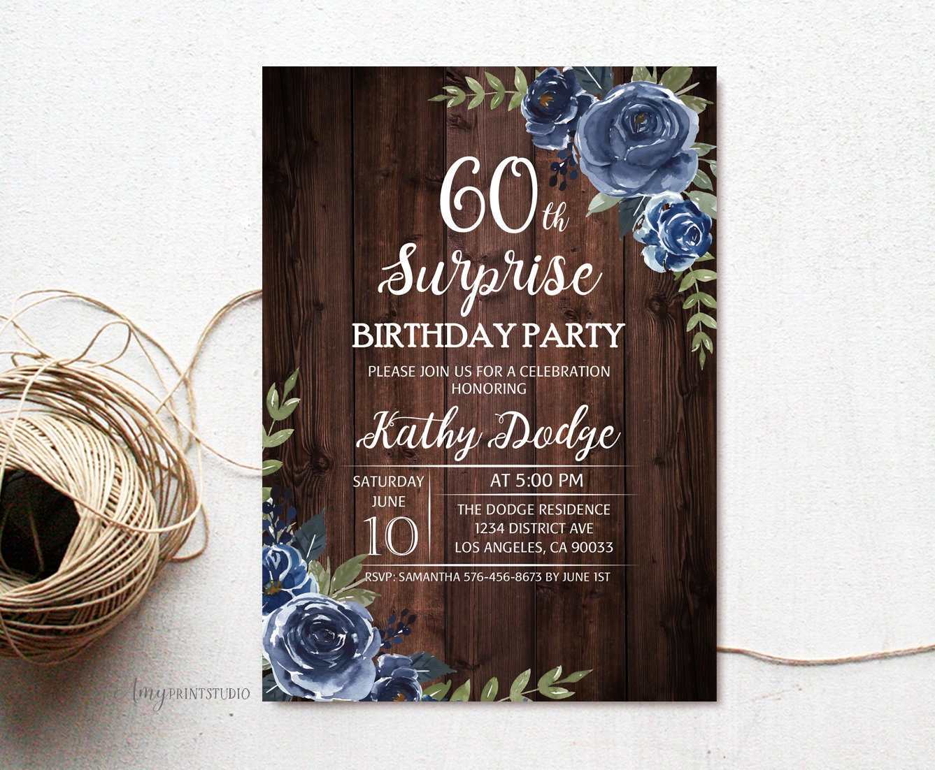 Floral Wood Invitation 80th Birthday Invitation Surprise Birthday Party Invitation Digital file PERSONALIZED #W25 Rustic Invitation