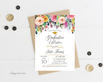 Graduation Invitation, Graduation Party Invite, Floral Graduation Invitation, PERSONALIZED, Digital file, #G02