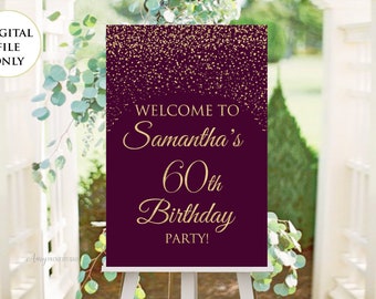 Welcome Birthday Sign, Welcome sign Printable, Plum Gold, Purple Birthday, Any Age, PERSONALIZED, Digital file, #W10