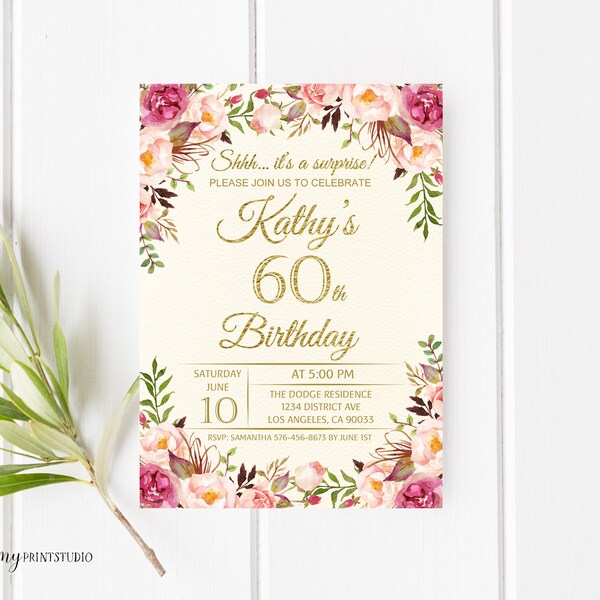 60th Birthday Invitation, Floral Cream Birthday Invitation, Any Age Birthday Invite, PERSONALIZED, Digital file, #W06