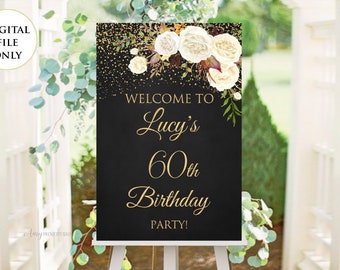 Welcome Birthday Sign, Welcome sign, Chalkboard Birthday Welcome Sign, Floral Welcome Sign, Any Age, PERSONALIZED, Digital file, #W138