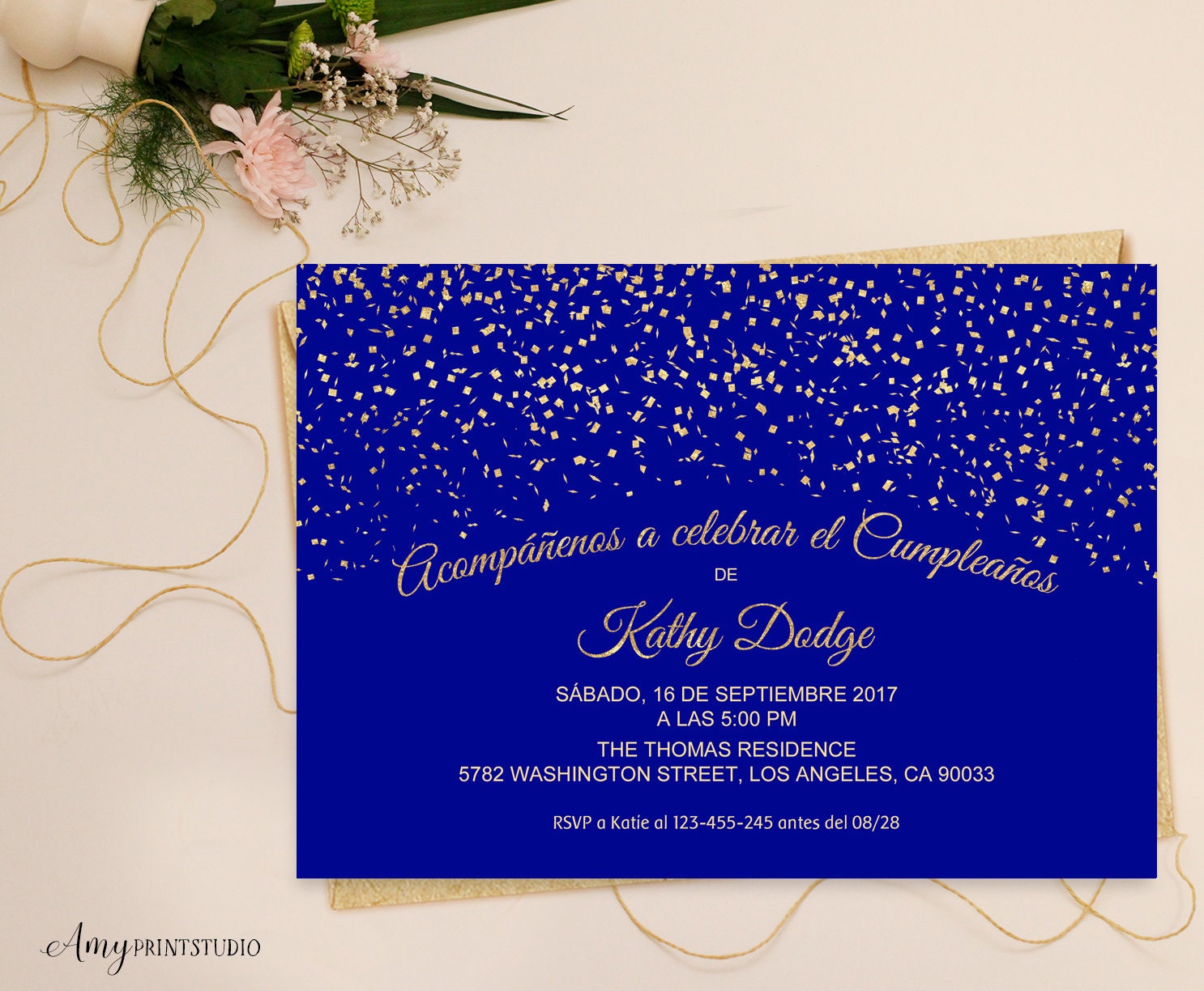 Birthday Spanish Invitation Royal Blue Gold Birthday Etsy