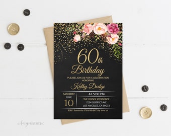 60th Birthday Invitation, Floral Women Birthday Invitation, Chalkboard Birthday Invite, PERSONALIZED, Digital file, #W16