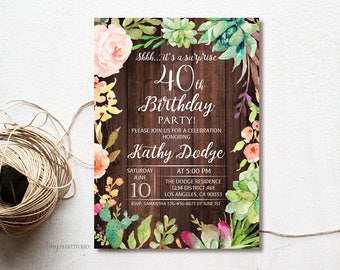 Floral Wood Invitation 80th Birthday Invitation Surprise Birthday Party Invitation Digital file PERSONALIZED #W25 Rustic Invitation