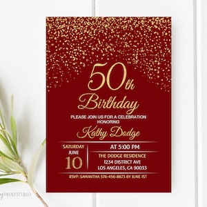50th Birthday Invitation, Red Gold Birthday Invitation, Red and Gold Birthday Invite, PERSONALIZED, Digital file, #W86