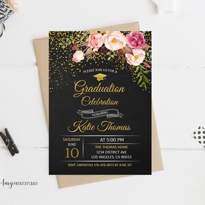 Graduation Invitation, Graduation Party Invite, Floral Chalkboard Graduation Invitation, PERSONALIZED, Digital file, #G08