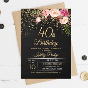 40th Birthday Invitation, Floral Women Birthday Invitation, Chalkboard Birthday Invite, PERSONALIZED, Digital file, #W16