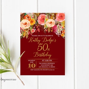 50th Birthday Invitation, Fall Floral Birthday Invitation, Surprise Birthday Invite, PERSONALIZED, Digital file, #W12