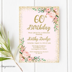 60th Birthday Invitation, Floral Birthday Invitation, Any Age Birthday Invite, Blush Pink, PERSONALIZED, Digital file, #W58