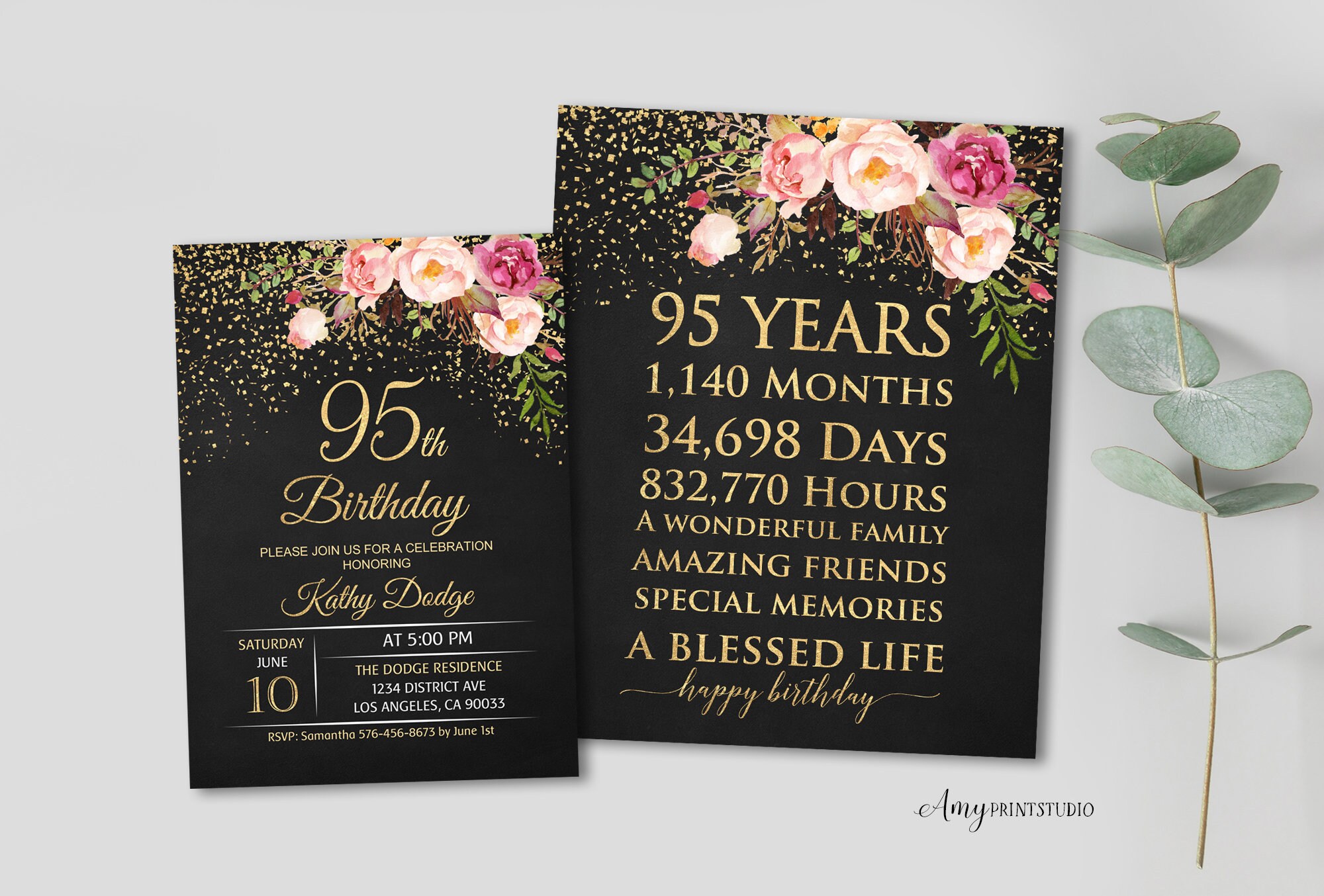 95th Birthday Invitation Floral Women Birthday Invitation Etsy