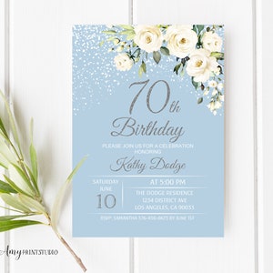 70th Birthday Invitation, Blue and  White Birthday Invitation, Blue and Silver Birthday Invite, PERSONALIZED, Digital file, #W250