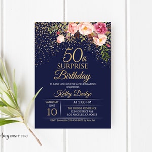 50th Birthday Invitation, Floral Women Birthday Invitation, Navy Birthday Invite, PERSONALIZED, Digital file, #W117