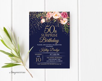 50th Birthday Invitation, Floral Women Birthday Invitation, Navy Birthday Invite, PERSONALIZED, Digital file, #W117