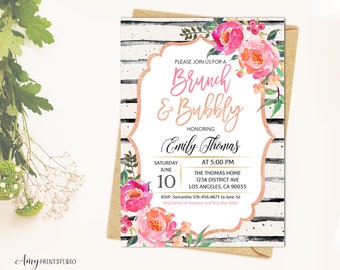 May include: A pink and gold floral brunch and bubbly invitation with a white and black striped background. The invitation is for Emily Thomas and is set for Saturday, June 10th at 5:00 PM at The Thomas Home, 1234 District Ave, Los Angeles, CA 90033. RSVP to Samantha at 576-456-8673 by June 1st. Registered at Amazon and Buy Buy Baby.